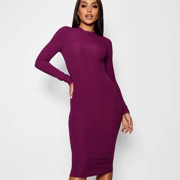 Boohoo Dresses & Skirts - Boohoo Mock Neck Ribbed Bodycon Midi Dress NWT Size 12